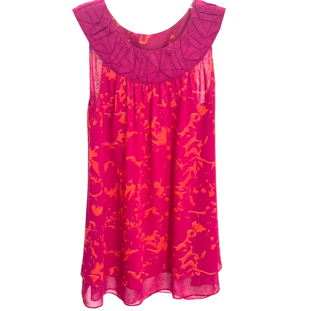 Cabi Pink Orange Print Tulle Hem Sleeveless Mini Shift Dress oversized Size XS